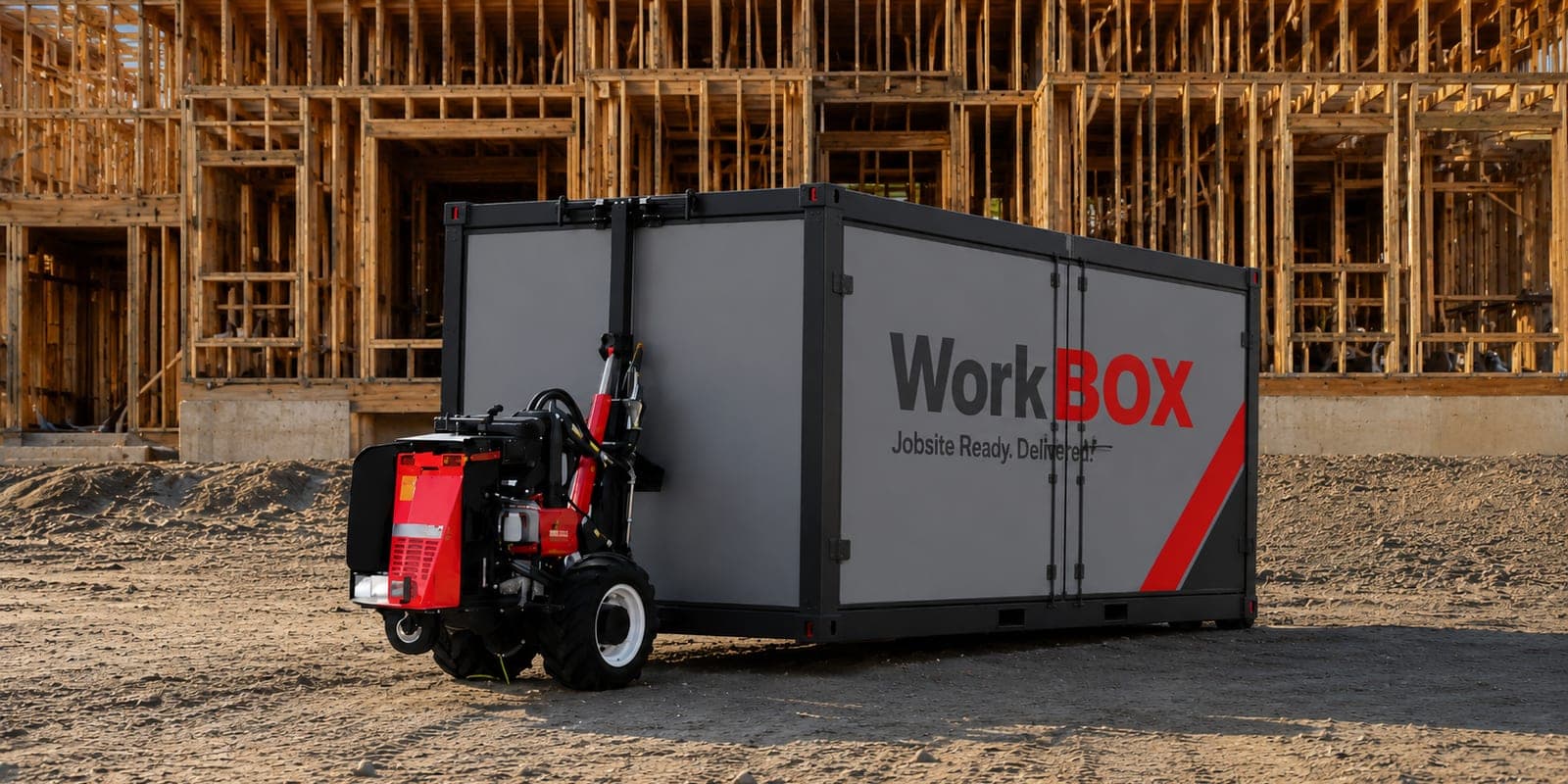 A WorkBOX standing in front of a house under framing, with its compact mover attached alongside