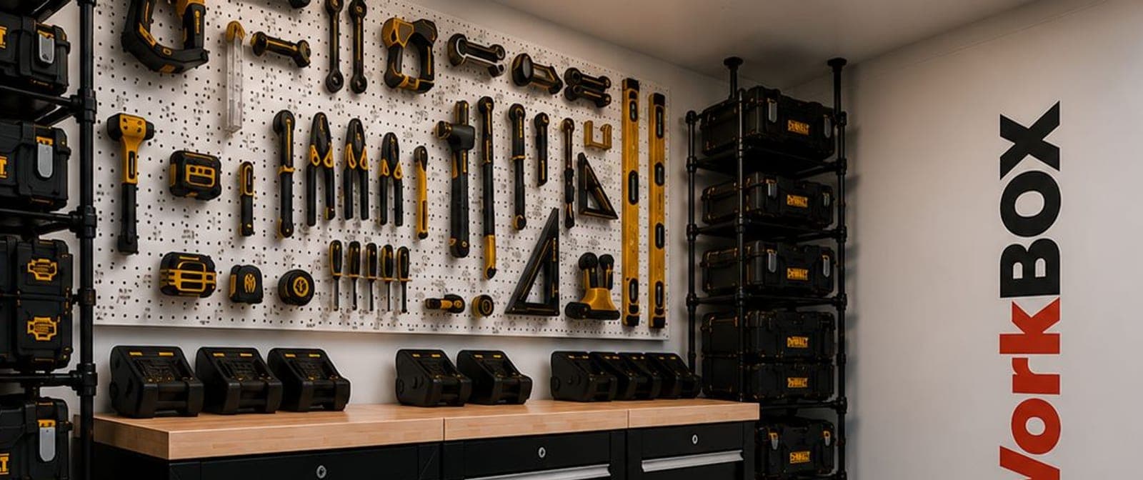 The fitted interior of a WorkBOX: a pegboard wall of hand tools above a run of drawer cabinets