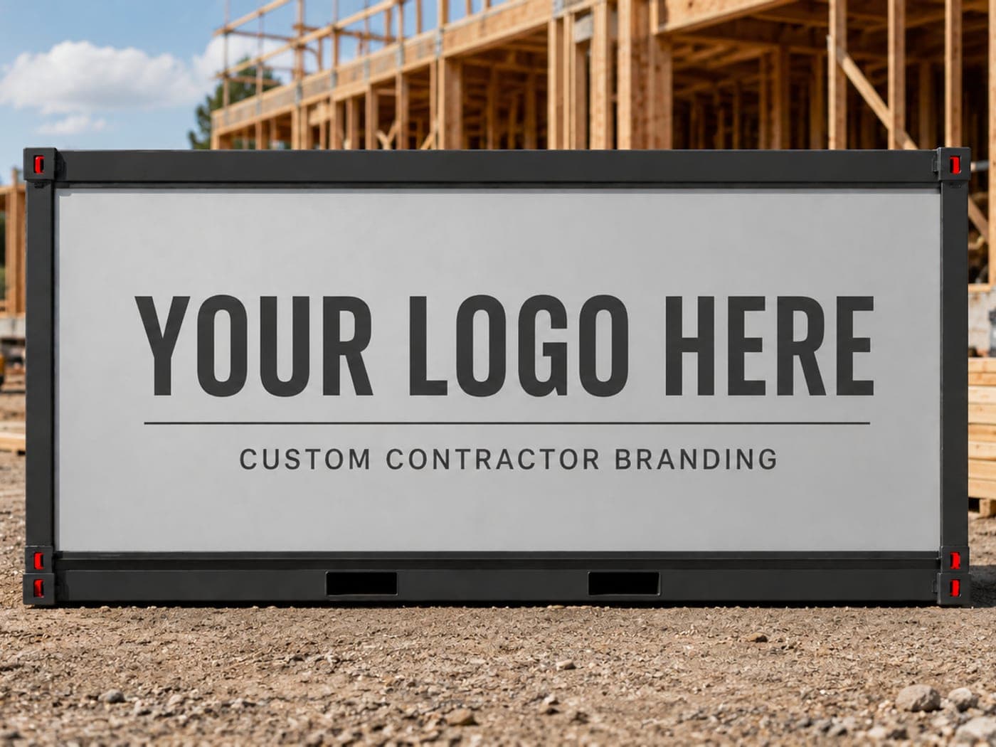 The side of a WorkBOX on a jobsite carrying the words Your Logo Here and Custom Contractor Branding