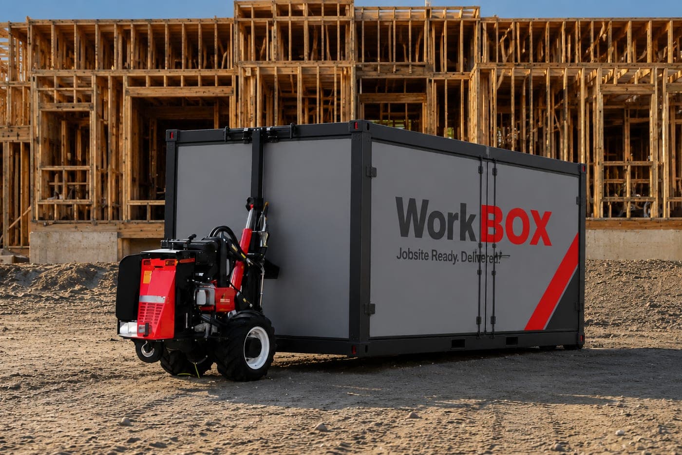 A WorkBOX standing in front of a house under framing, with its compact mover attached alongside