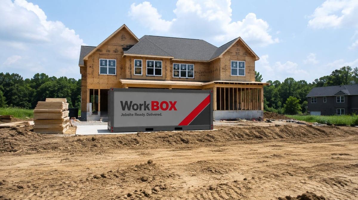 A WorkBOX set down on a poured slab in front of a house under framing, with lumber stacked alongside