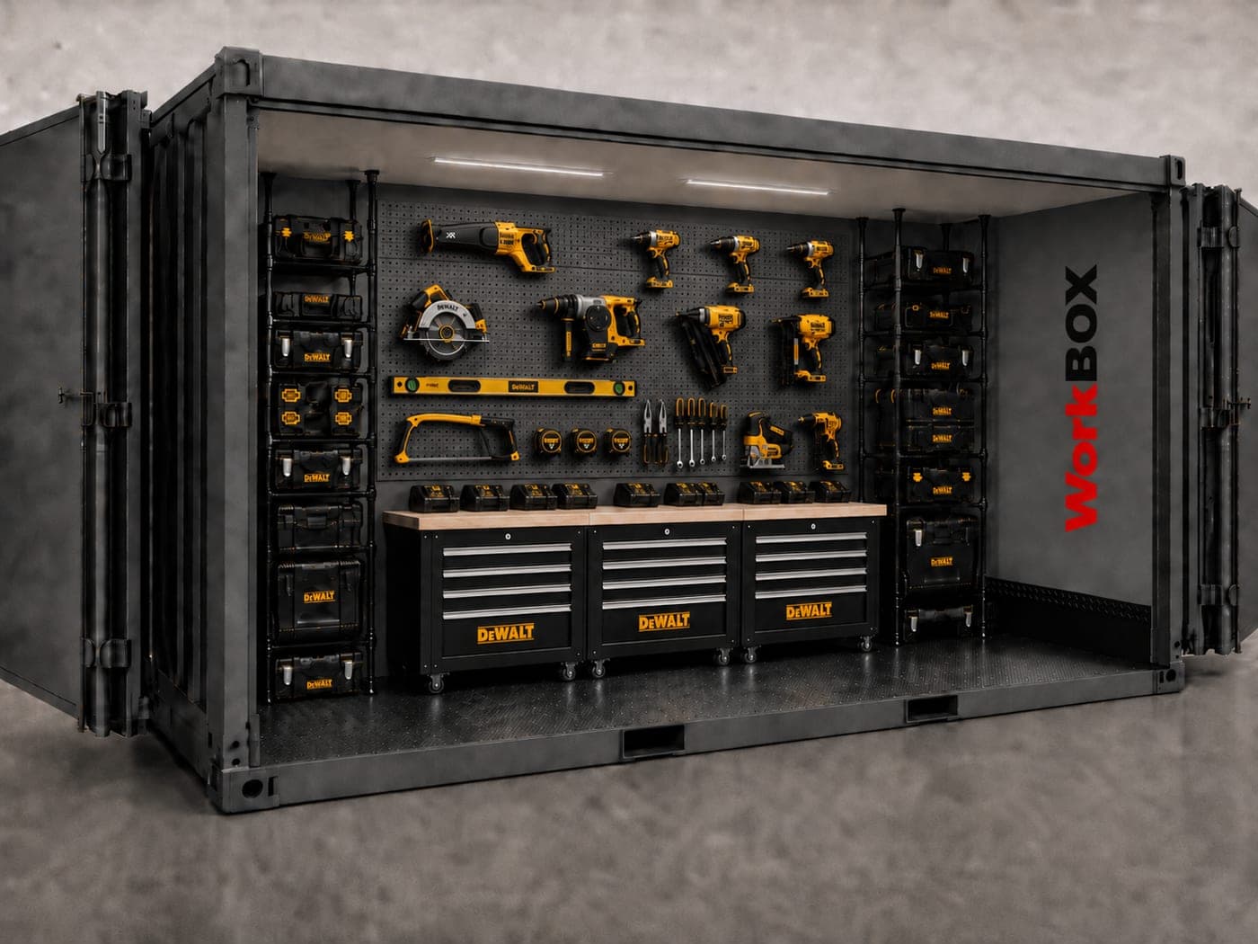 An open WorkBOX seen from the side: a wall of racked DeWALT power tools above a run of drawer cabinets, with tool cases stacked either side